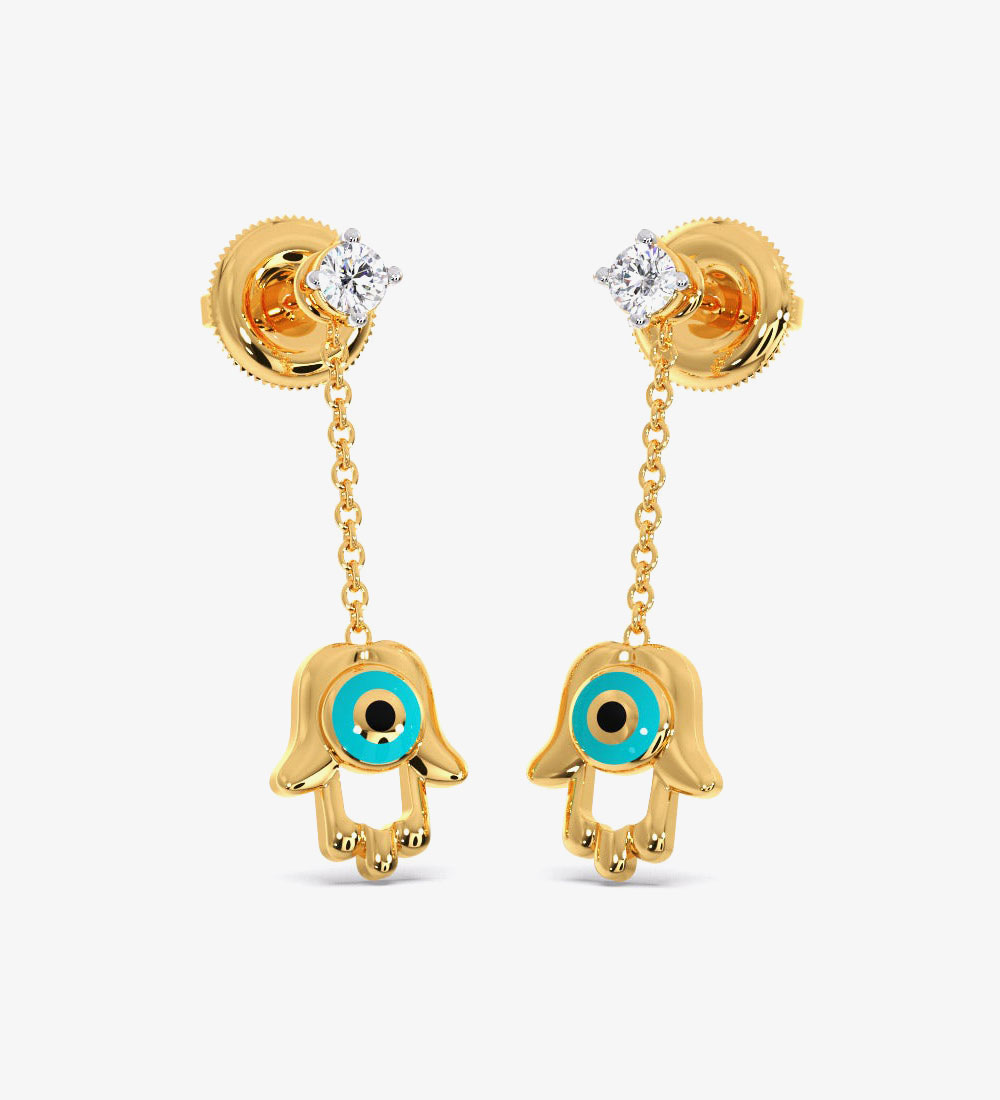 Hamsa Evil Diamond Dangling Eye Earrings