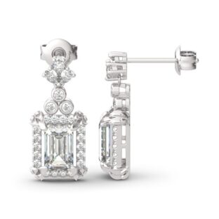 Vintage Flower Halo Emerald Cut Sterling Silver Drop Earrings