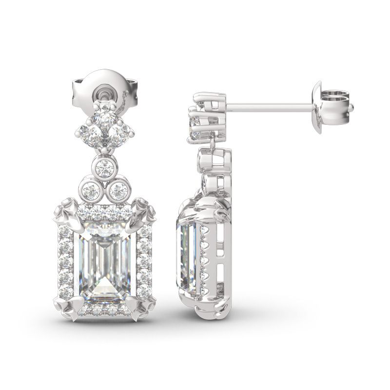 Vintage Flower Halo Emerald Cut Sterling Silver Drop Earrings