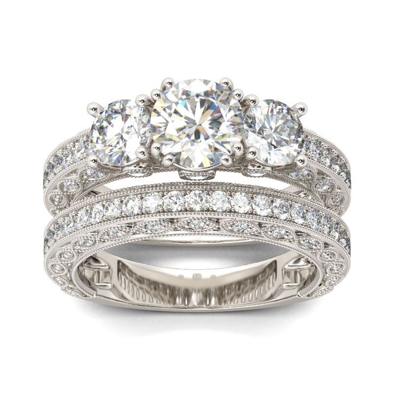 Three Stone Milgrain Round Cut Sterling Silver Ring Set