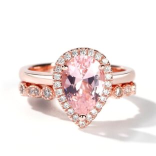 Halo Milgrain Pear Cut Synthetic Morganite Sterling Silver Ring