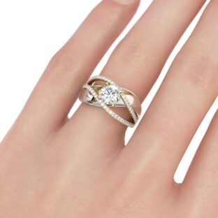 Two Tone Crossover Round Cut Sterling Silver Ring