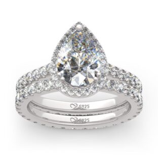Halo Pear Cut Sterling Silver Eternity Ring Set