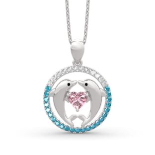 Two Dancing Dolphins Heart Cut Sterling Silver Necklace
