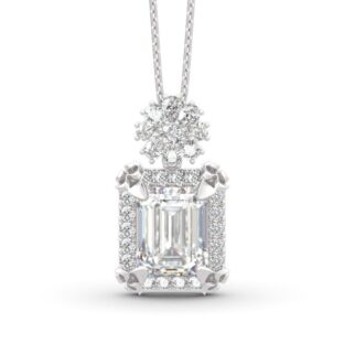 Vintage Flower Halo Emerald Cut Sterling Silver Pendant Necklace