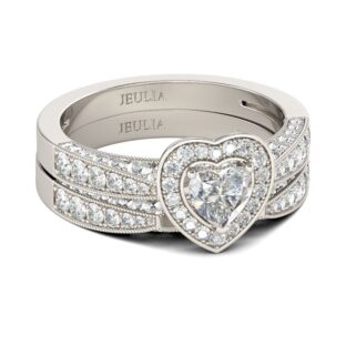 Halo Heart Cut Sterling Silver Ring Set