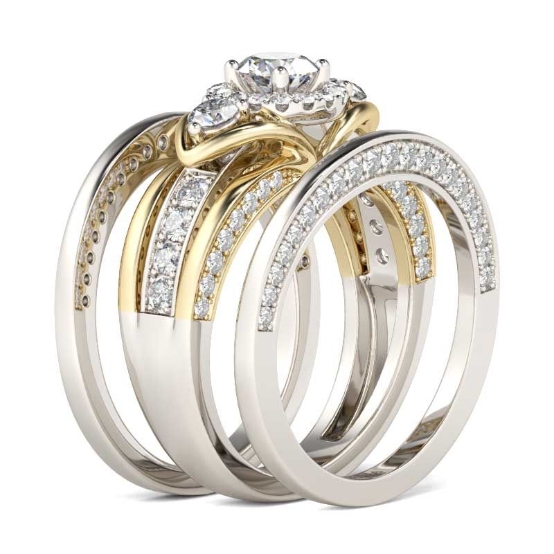 Three Stone Round Cut Sterling Silver Ring Set