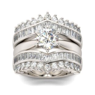 Three Stone Princess Cut Sterling Silver Ring Set